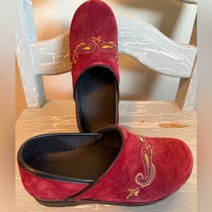 Sanita Burgundy Suede Mules with Gold Embroidered Accent